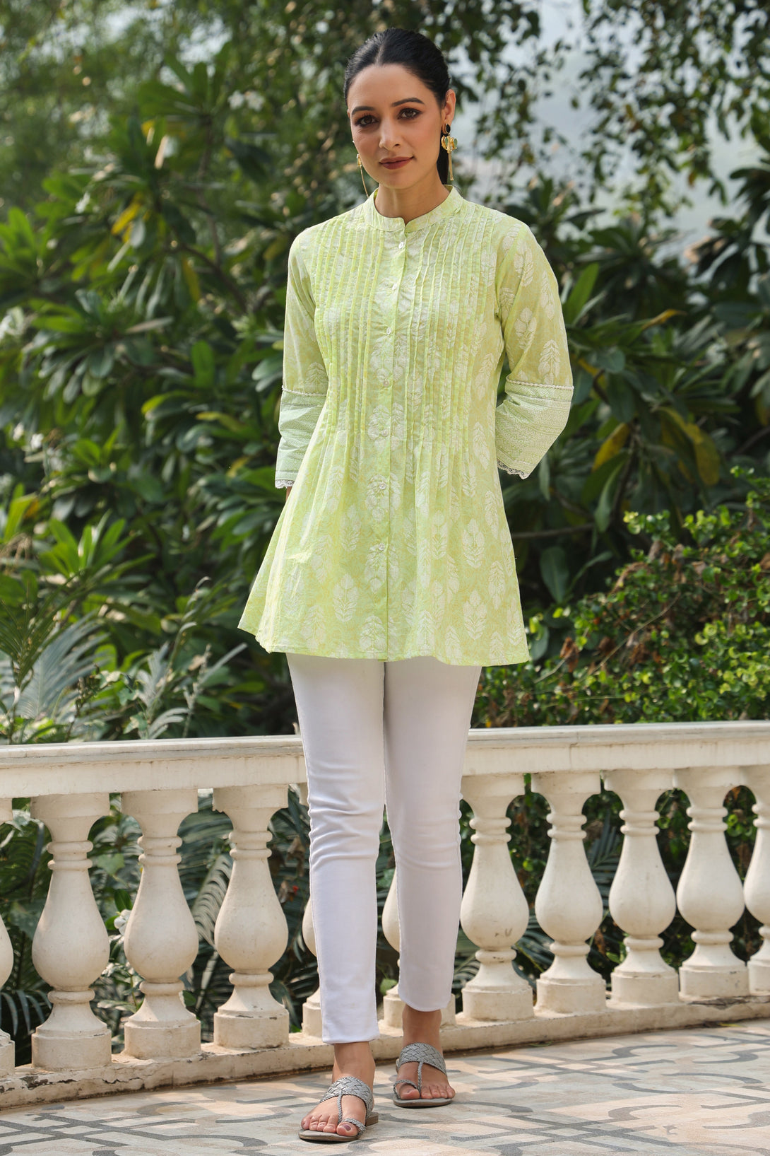 Women's Lime Green Cotton Cambric Printed A-Line Tunic - Juniper