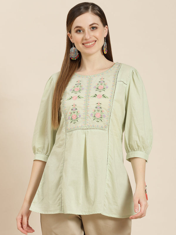 Women's  Sagegreen Cotton Dobby Embroidered A-Line Tunic - Juniper