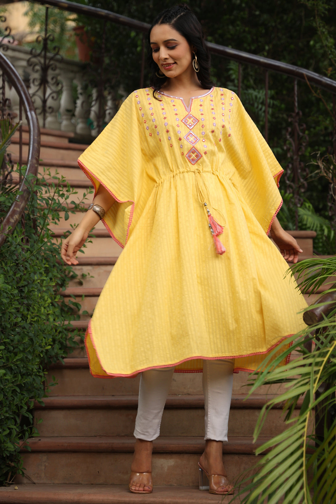 Women's Yellow Cotton Dobby Embroidered Kaftan - Juniper