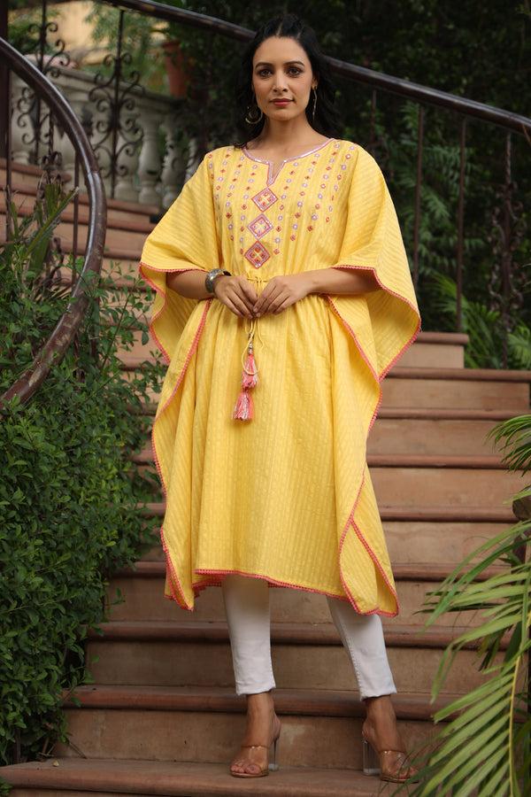 Jashvi Yellow Geometric Printed Cotton Dobby Kaftan With Thread Work Embroidery