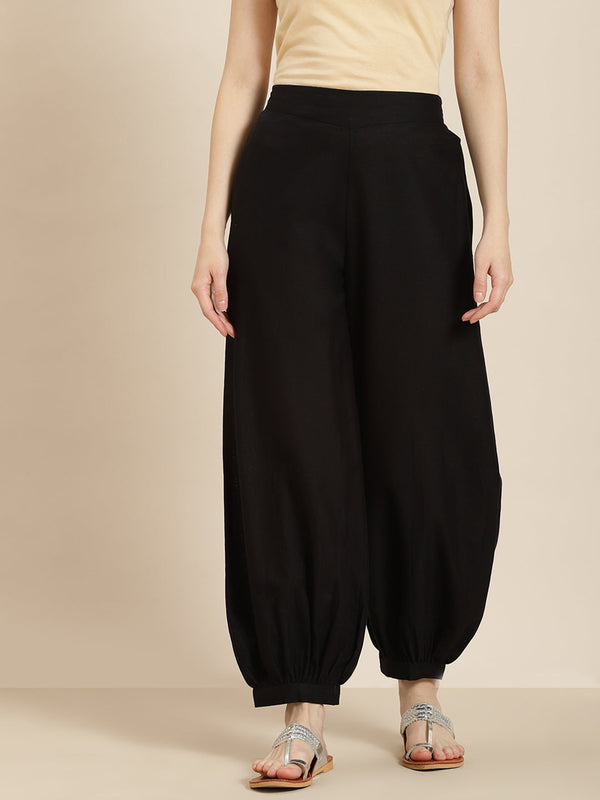 Women's  Black Cotton Flex Solid Stylized Dhoti Pant - Juniper