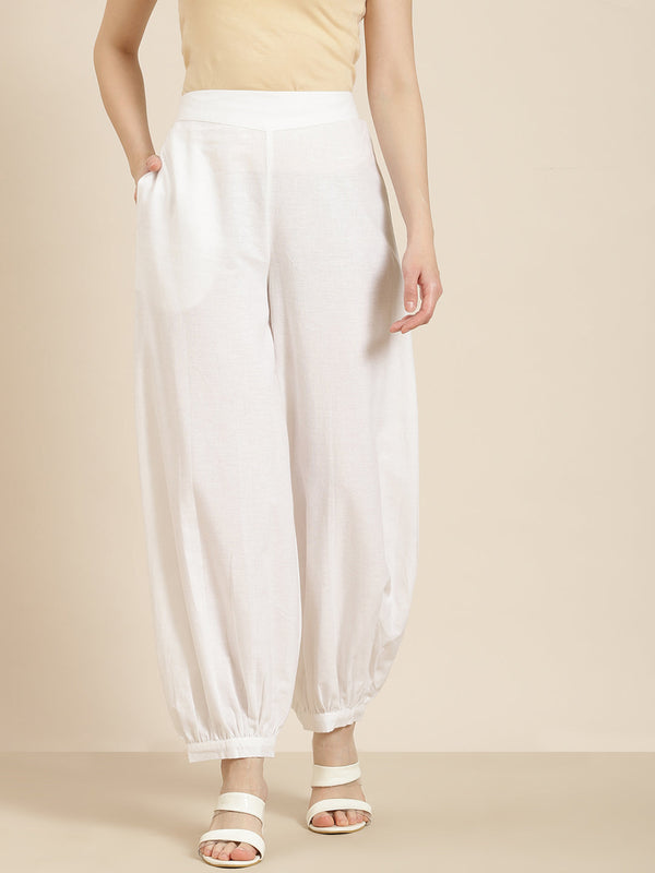 Women's  White Cotton Flex Solid Stylized Dhoti Pant - Juniper