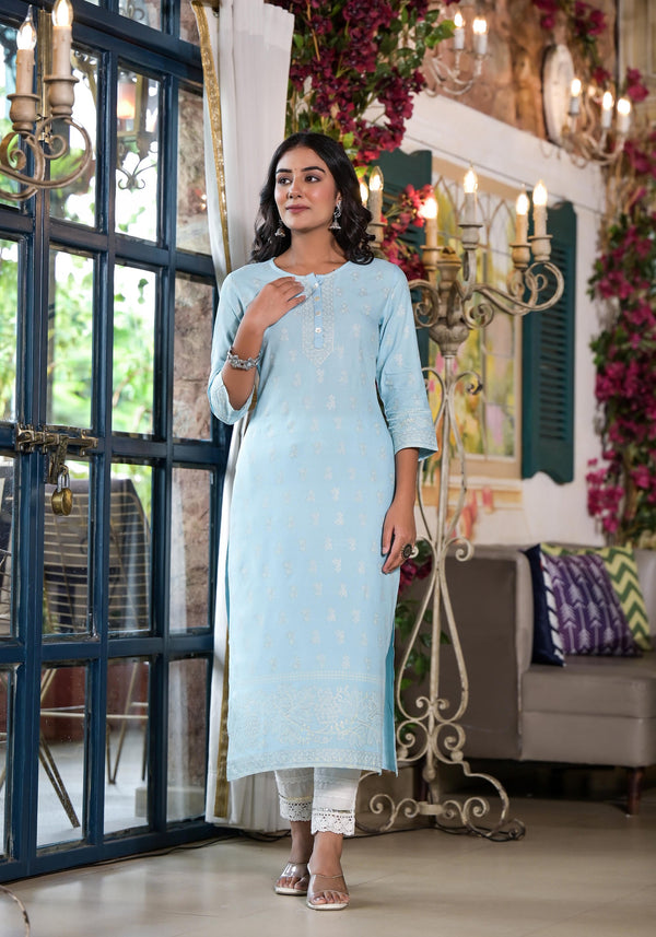 Powder Blue Ethnic Motif Printed Liva Rayon Kurta With Buttons