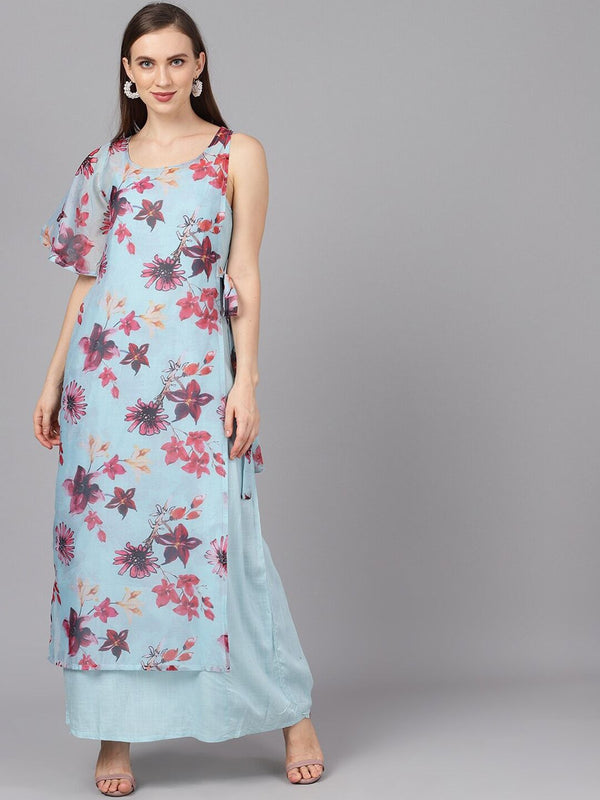 Women's  Blue & Pink Printed Layered Maxi Dress - AKS