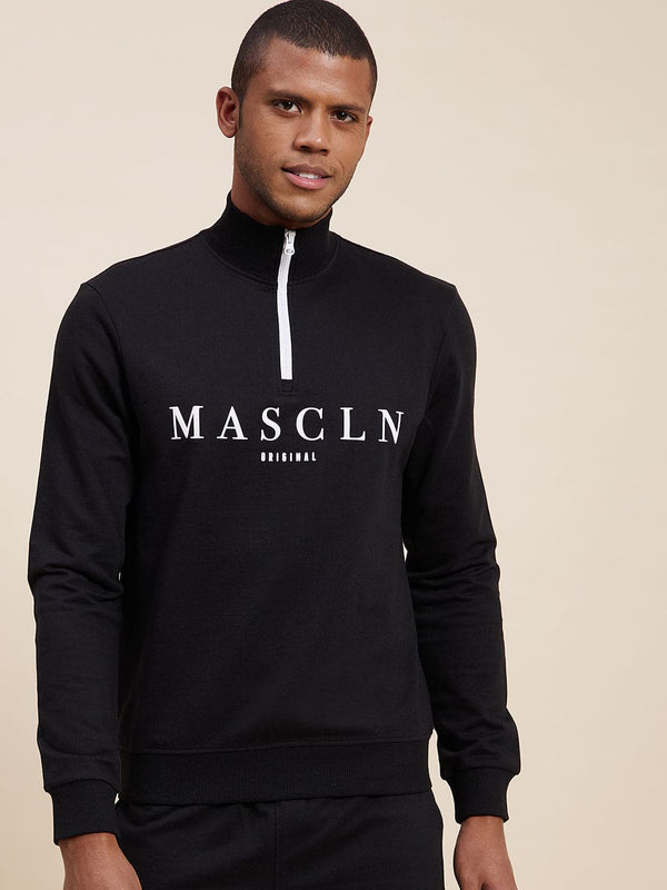 Men's Black High Neck Half Zipper MASCLN Sweatshirt - LYUSH-MASCLN