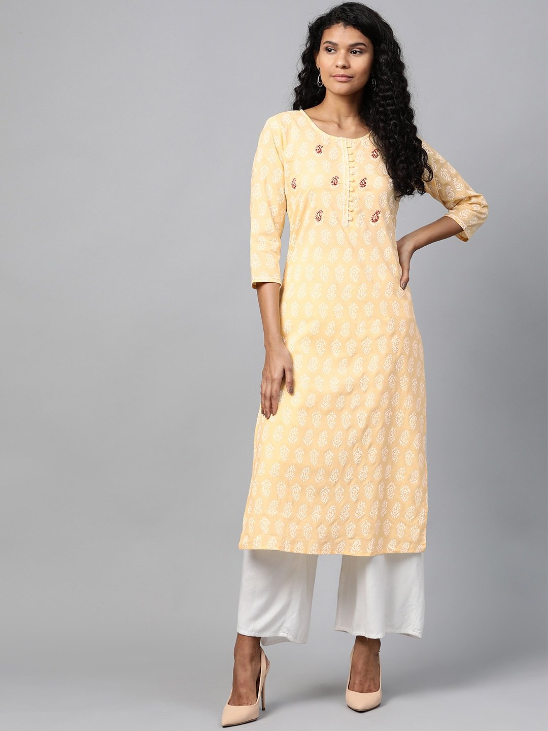 Women's Yellow & White Straight Kurta - Yufta