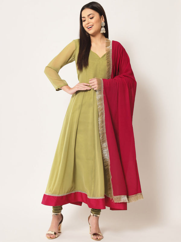 Women's Olive Green Georgette Anarkali With Churidaar And Dupatta - Anokherang