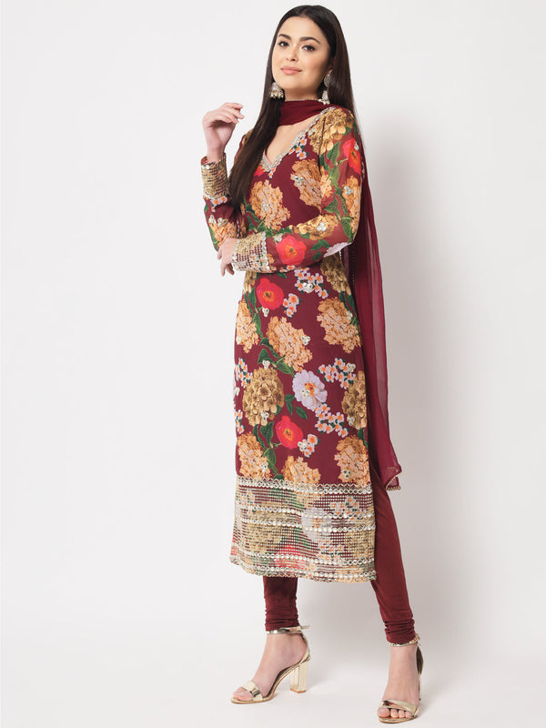 Women's Wine Floral Printed Embroidered Kurti With Churidaar And Dupatta - Anokherang