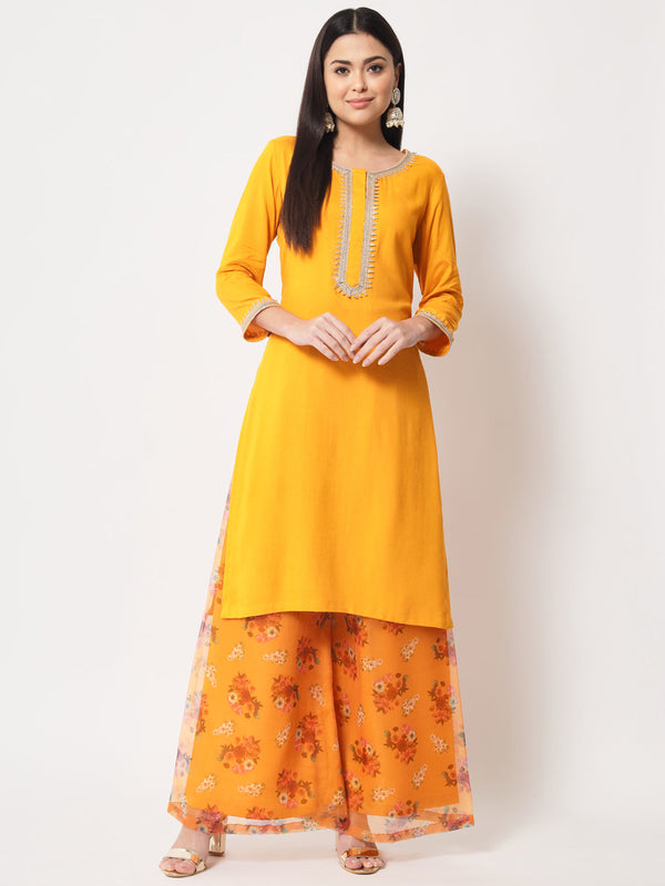 Women's Floral Mustard Straight Kurti With Floral Palazzo - Anokherang