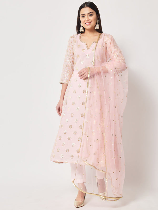 Women's Pink Lotus Chanderi Brocade A-Line Kurti With Pants And Dupatta - Anokherang