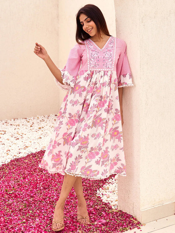 Pink Printed Cotton A-Line Kurta