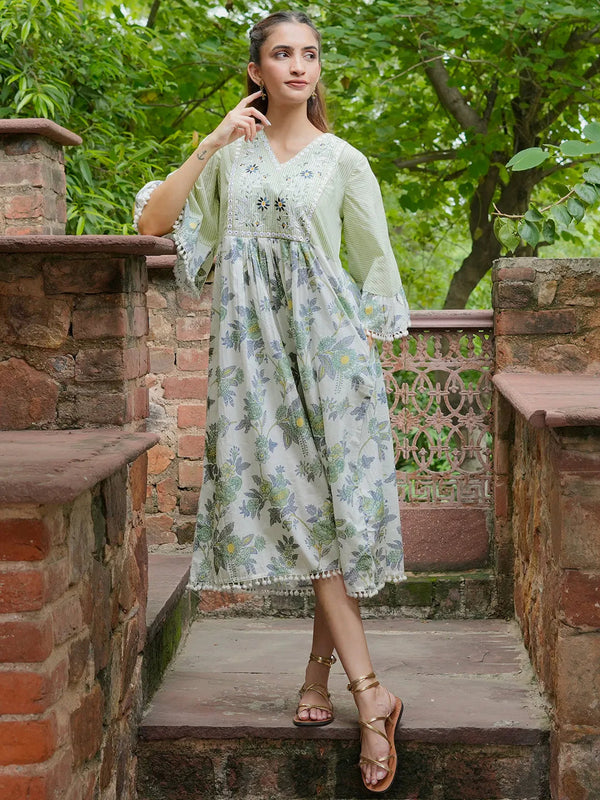 Green Printed Cotton A-Line Dress