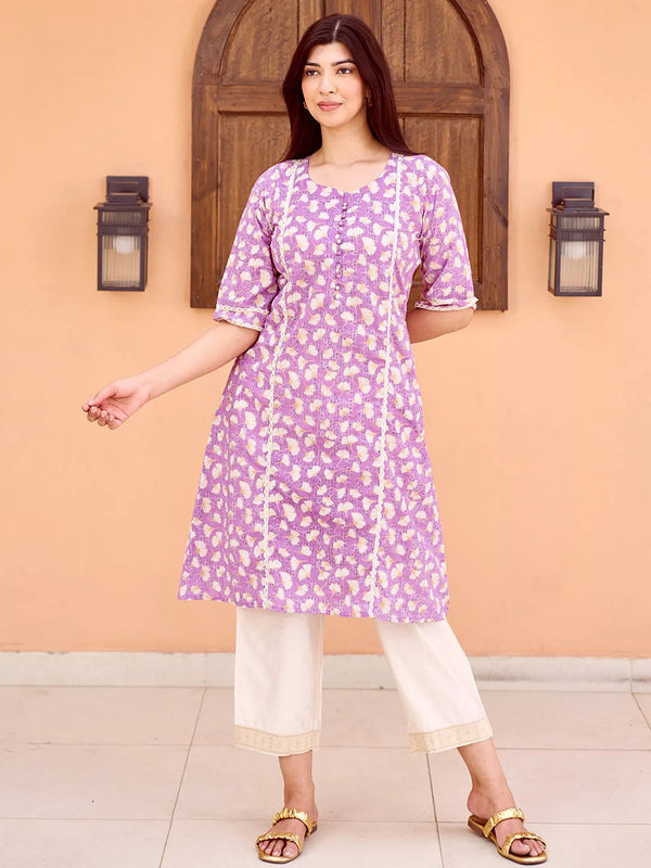 Purple Printed Cotton A-Line Kurta