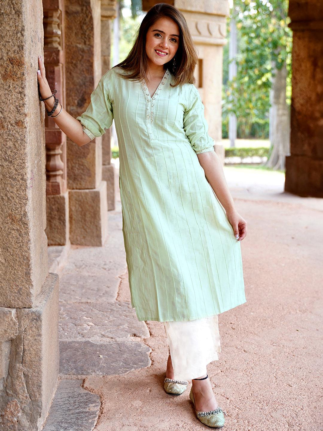 Light green Woven Design Cotton Straight Kurta - Jashvi