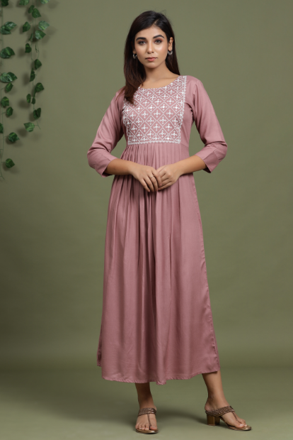 Women's Peach Coloured & White Embroidered Mirror Work Yoke Design A Line Dresses - Yufta