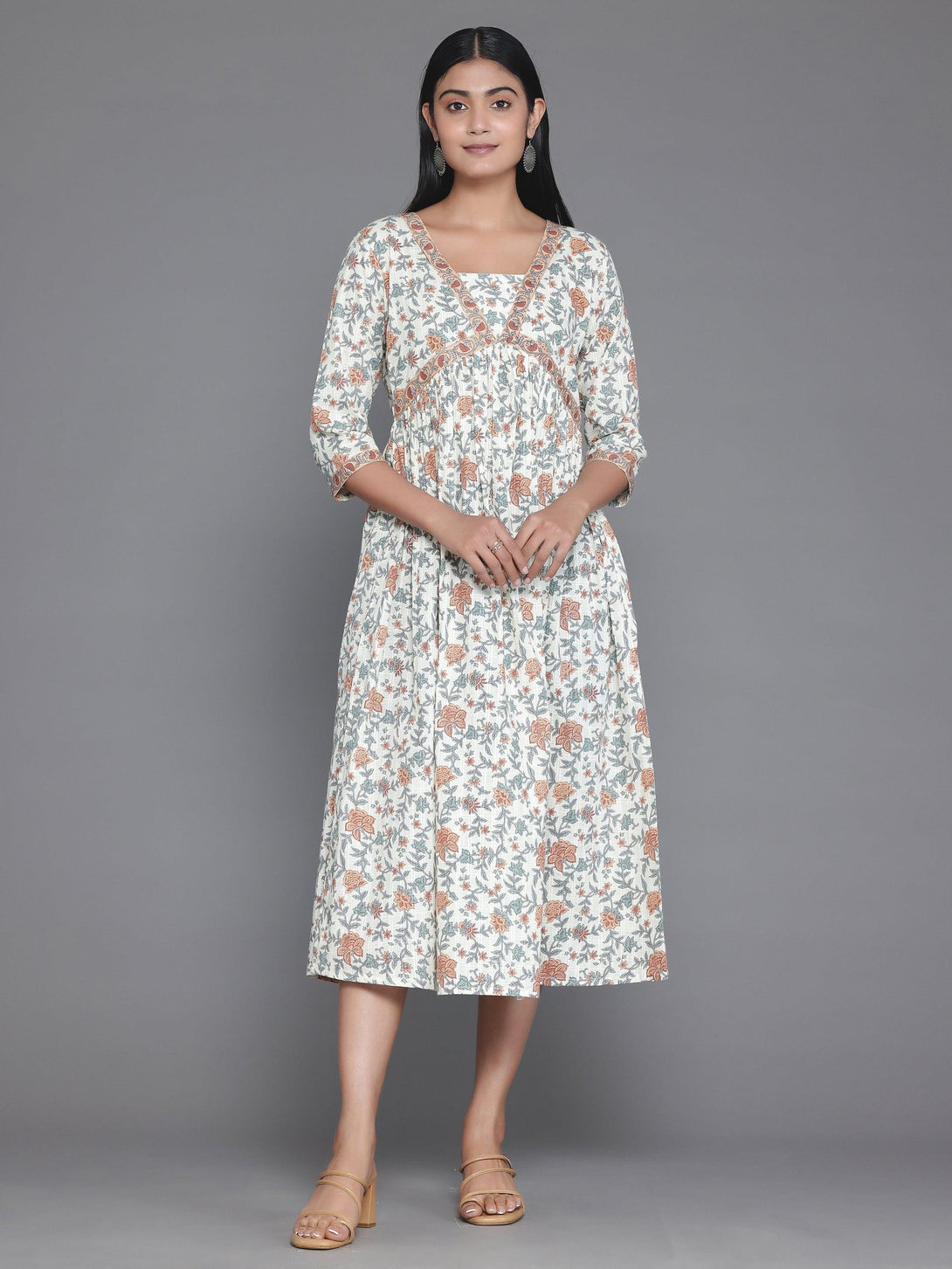 Off White Printed Cotton Fit and Flare Dress - Jashvi