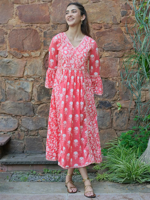 Pink Printed Cotton A-Line Dress