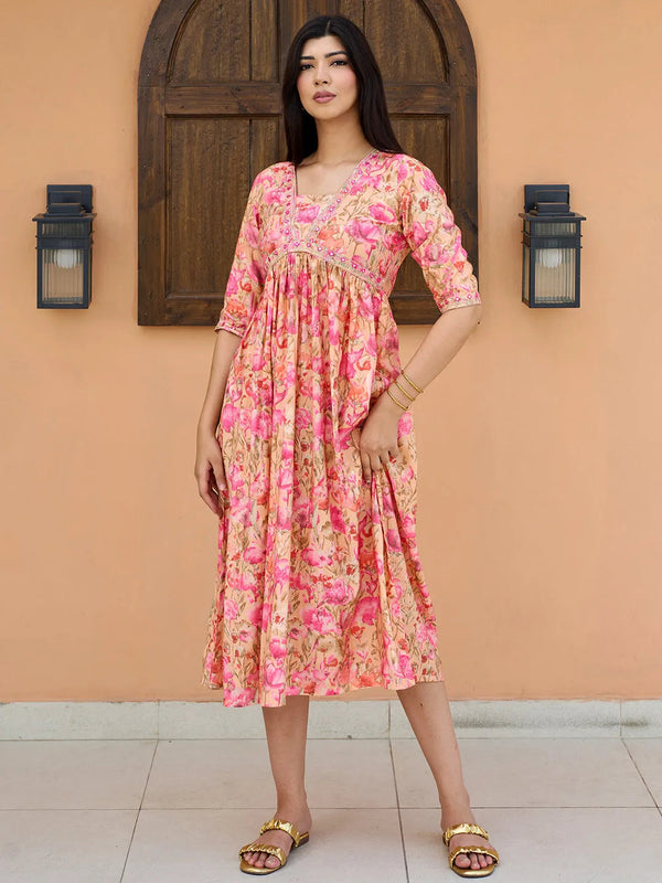 Orange Printed Silk Fit and Flare Dress