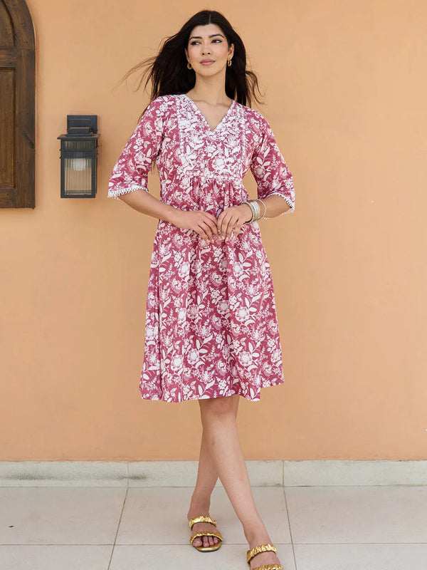 Coral Printed Cotton A-Line Midi Dress