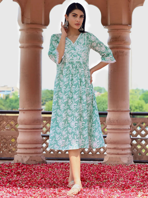 Green Printed Cotton A-Line Dress