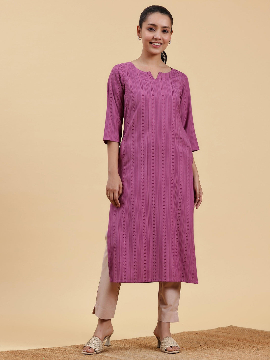 Mauve Striped Rayon Straight Kurta - Jashvi