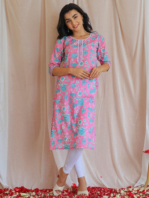 Pink Printed Cotton Straight Kurta