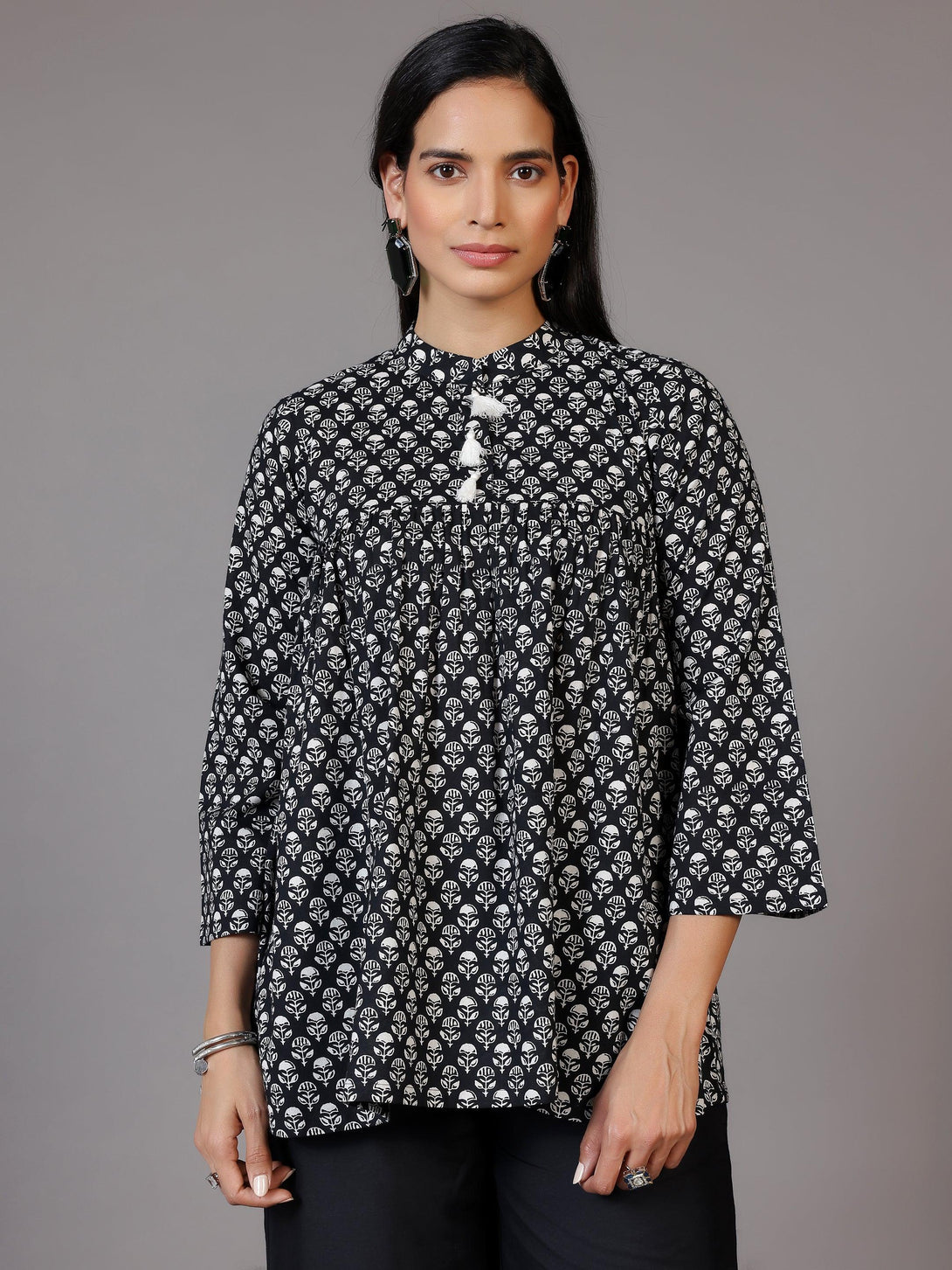 Black Printed Cotton A-Line Kurti - Jashvi