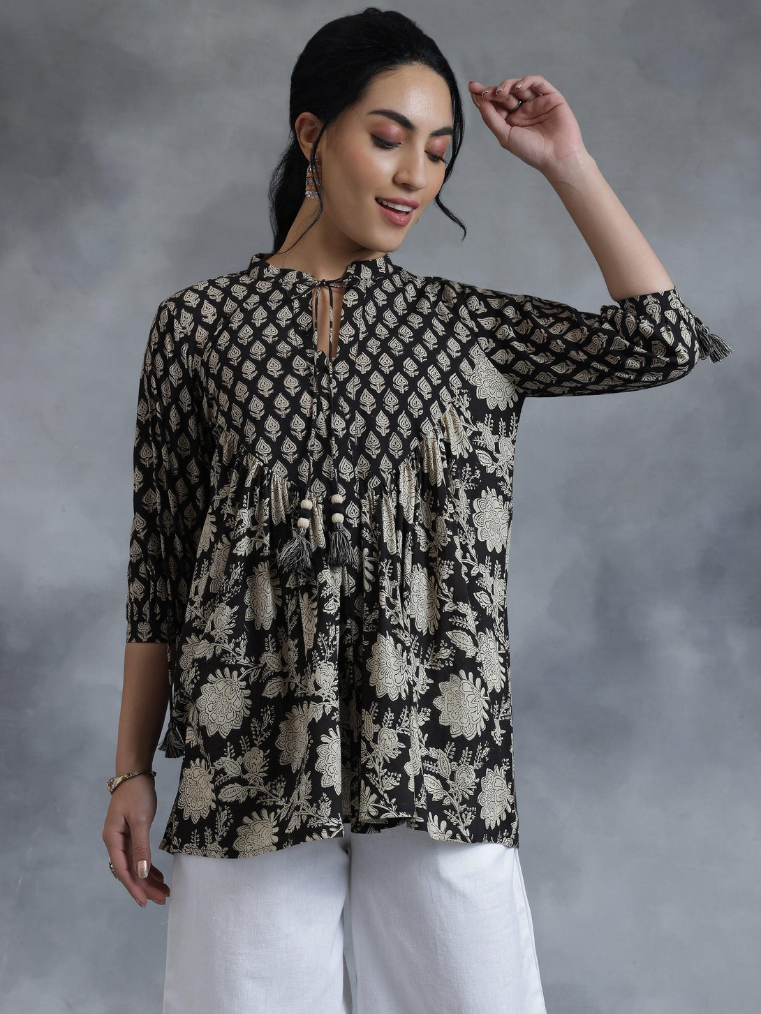 Black Printed Cotton A-Line Kurti - Jashvi