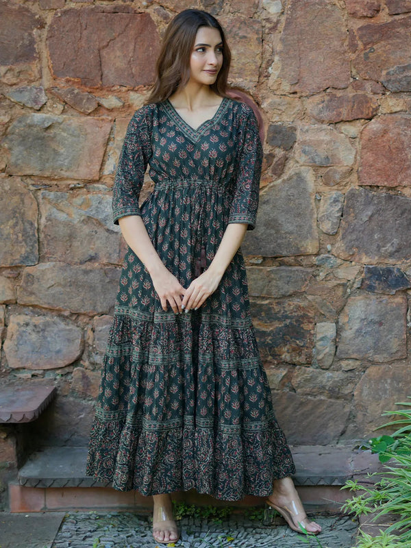 Green Printed Cotton A-Line Dress