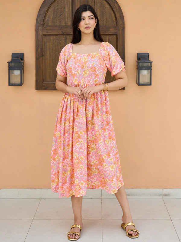 Peach Printed Rayon Fit and Flare Dress