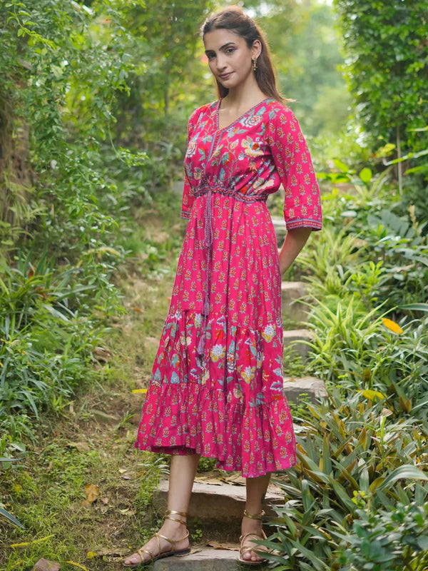 Pink Printed Cotton Fit and Flare Dress