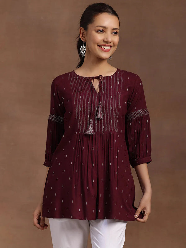 Wine Woven Design Rayon A-Line Kurti