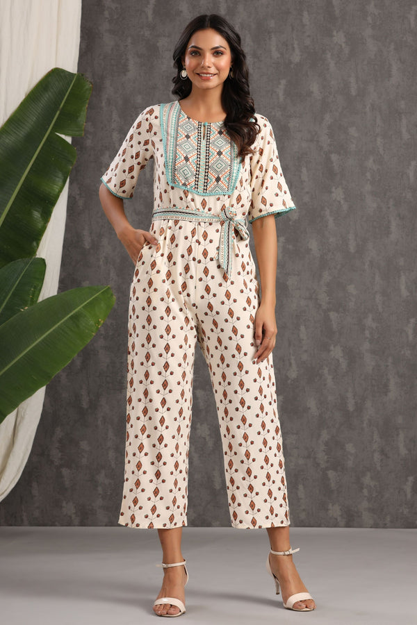 Jashvi Ivory Ethnic Motif Printed Rayon Jumpsuit With Zip