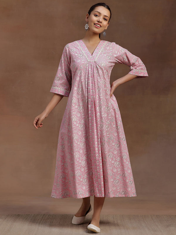 Pink Printed Cotton A-Line Dress