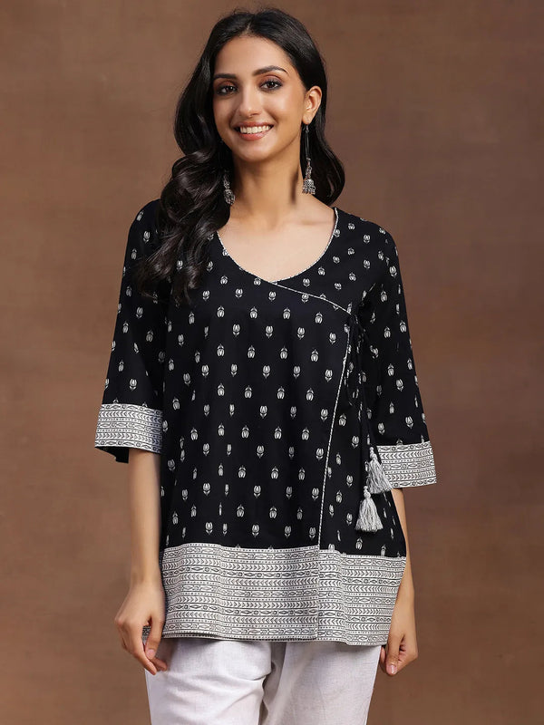 Black Printed Cotton A-line Kurti