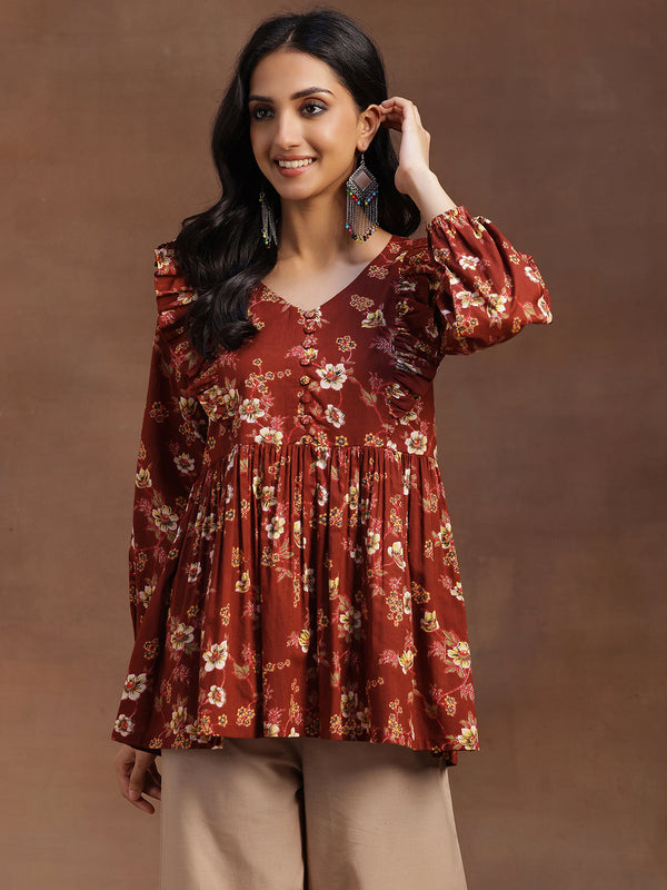 Rust Printed Cotton A-line Kurti