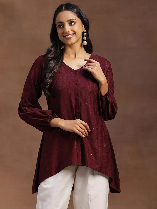 Wine Woven Design Silk Blend A-line Kurti