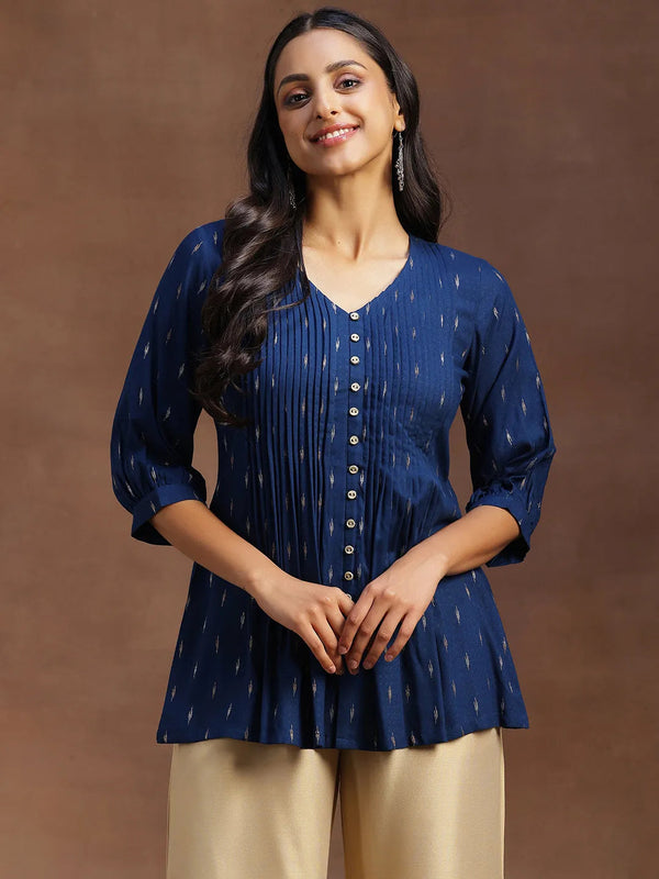 Blue Woven Design Cotton Blend A-line Kurti