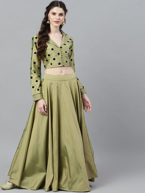 Women's Green Flock Printed Lehenga Choli Set -AKS