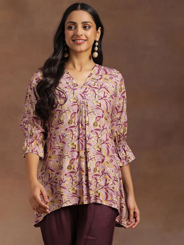 Purple Printed Rayon A-line Kurti