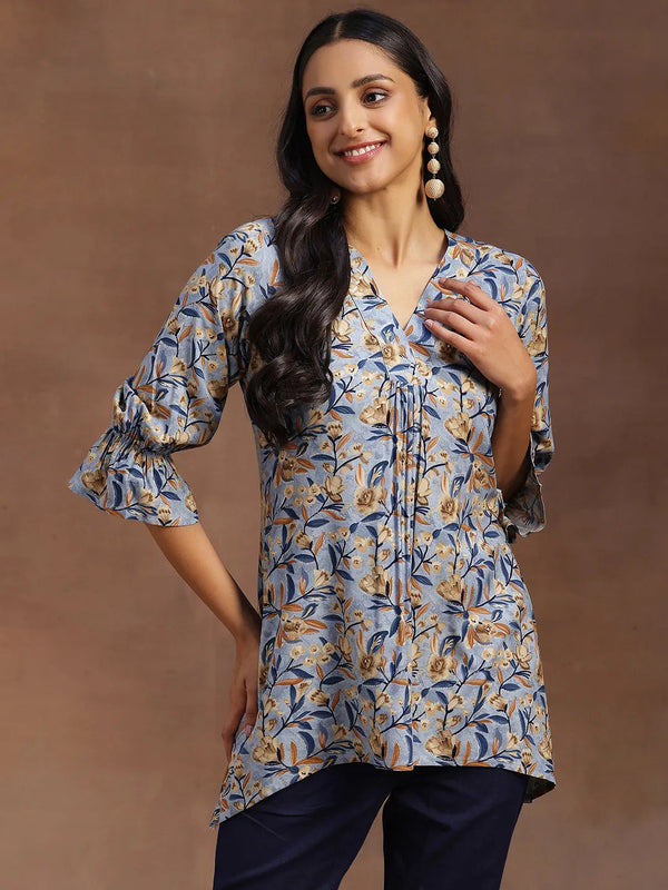 Blue Printed Rayon A-line Kurti