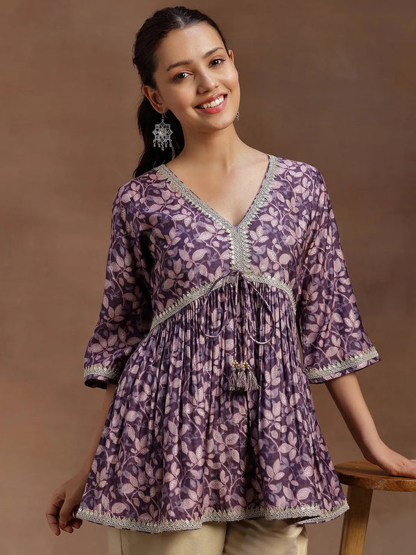 Purple Printed Silk Blend A-line Kurti