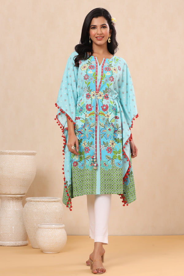 Jashvi Sky Blue Floral Printed Calf-Length Rayon Kaftan.