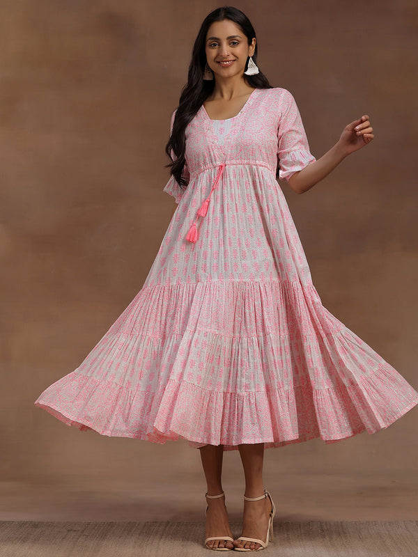 Pink Printed Cotton A-Line Dress