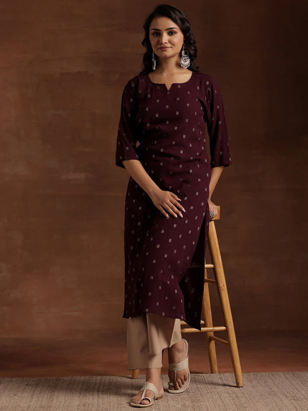 Wine Woven Design Cotton Straight Kurta