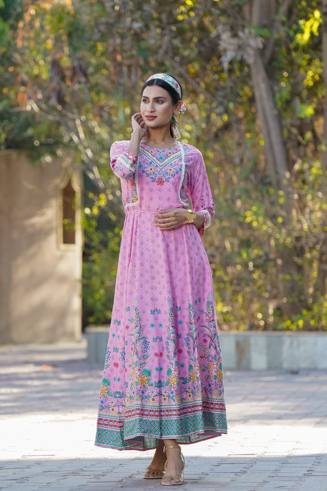 Women's Pink Rayon Printed Anarkali Dress - Juniper