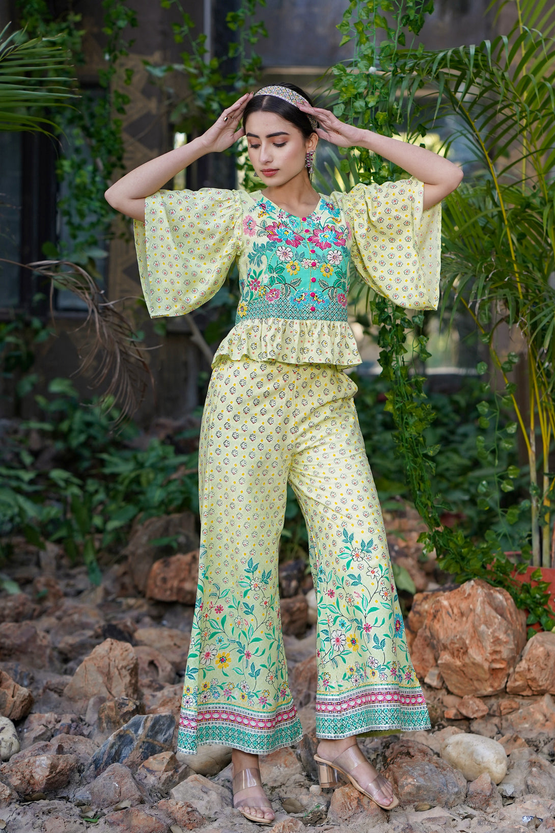 Women's Lime Rayon Printed Peplum Clothing Set - Juniper