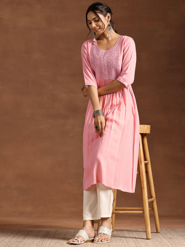 Peach Yoke Design Rayon Anarkali Kurta