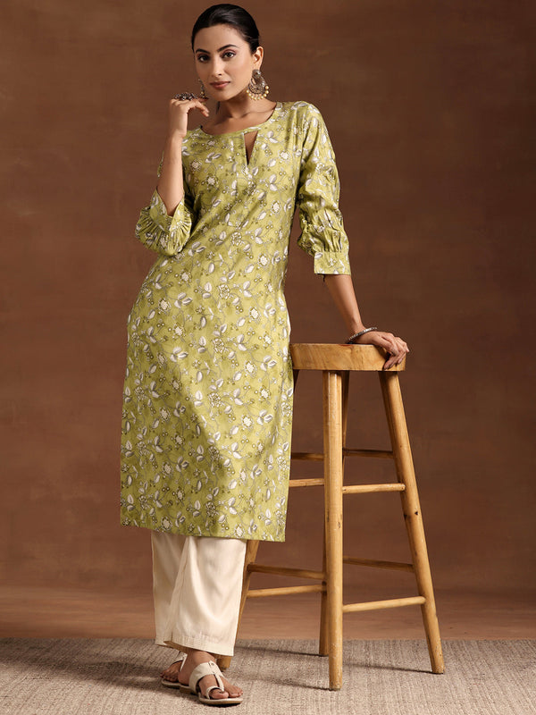 Green Printed Silk Straight Kurta