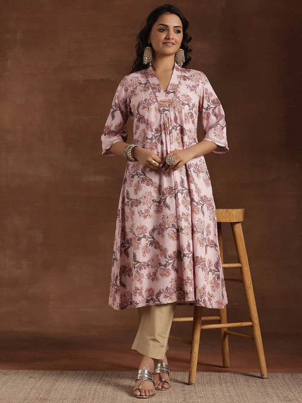 Pink Printed Cotton A-Line Kurta